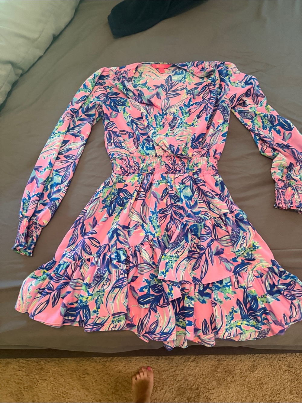 Lilly Pulitzer Pink Floral Long-Sleeve Ruffle Dress